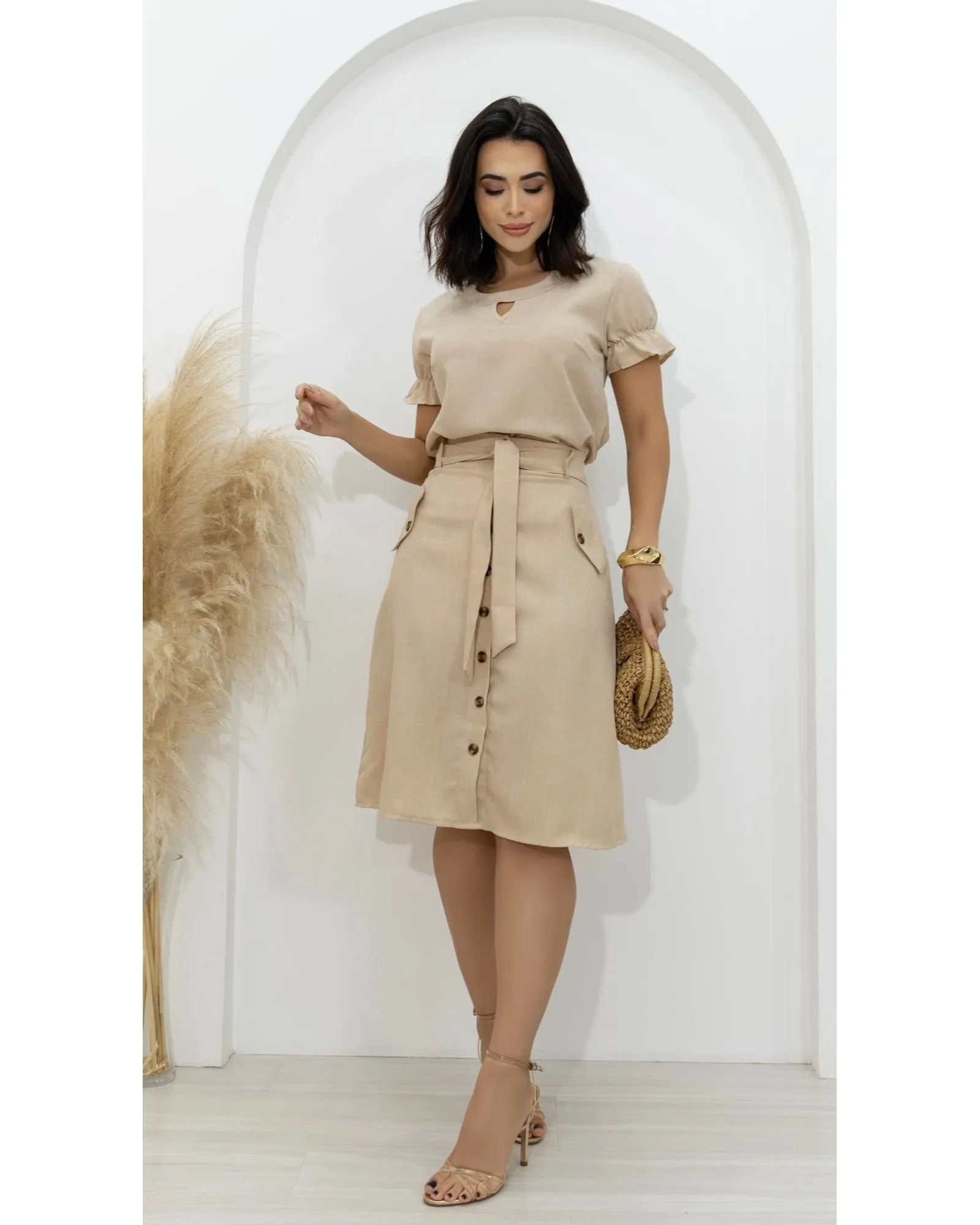 Conjunto Saia e Blusa Linho Decote Gota