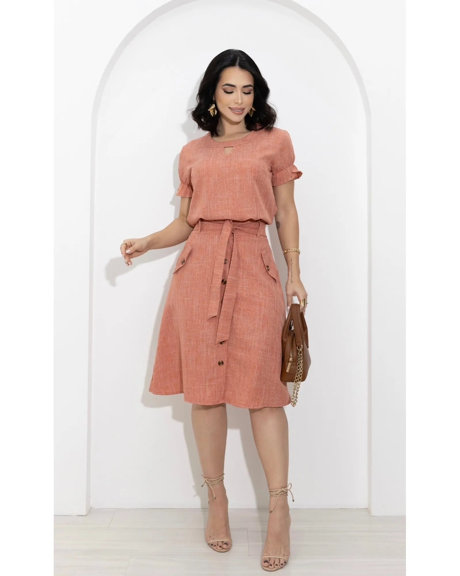 Conjunto Saia e Blusa Linho Decote Gota