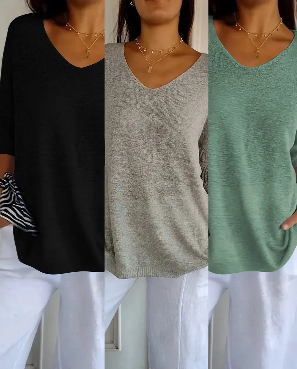 Kit 3 Blusinhas Luna® em Malha Leve - Decote V Elegante