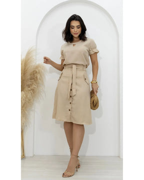 Conjunto Saia e Blusa Linho Decote Gota